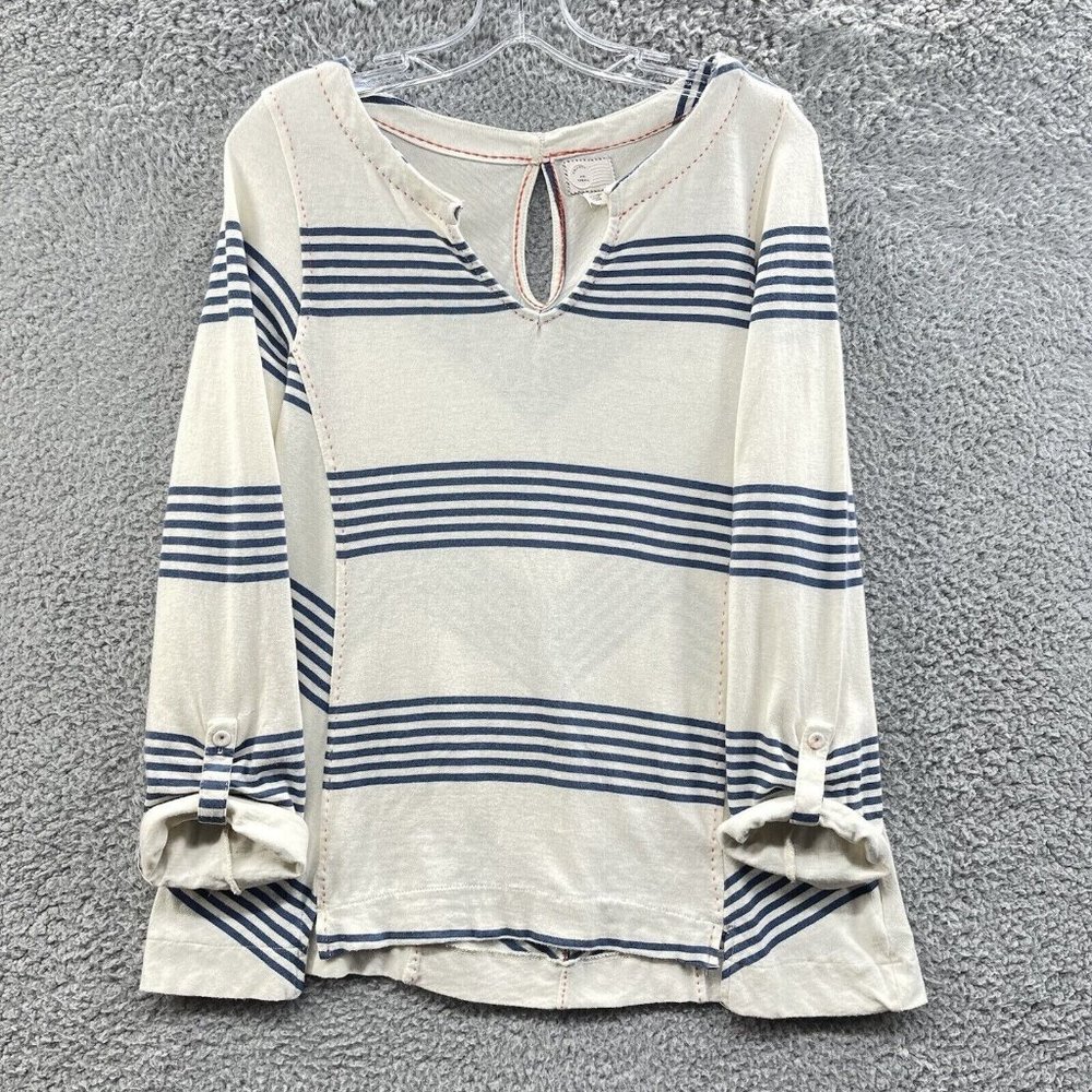 Postage Stamp Top Women's X Small Cream Striped Notch Collar Keyhole Back Top